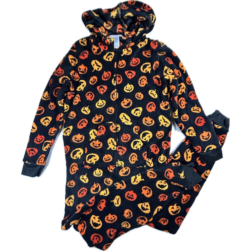 Pillow Talk Halloween Pumpkin Jack O Lantern Fleece Hooded Pajama Onesie L